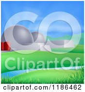Clipart Of Nuclear Power Plant Structions In A Green Landscape With Sun Rays Royalty Free Vector Illustration