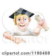 Happy Blond Graduate Man Holding A Certificate And Pointing Down At A Sign
