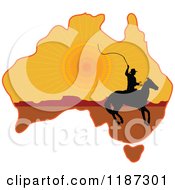Poster, Art Print Of Silhouetted Australian Cowboy On Horseback On A Sunset Aussie Map