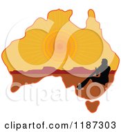Cartoon Of A Silhouetted Australian Aboriginal Playing A Didgeridoo On A Sunset Aussie Map Royalty Free Vector Clipart by Maria Bell