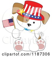Poster, Art Print Of Patriotic Puppy Sitting Wearing A Hat And Holding An American Flag