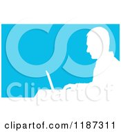Poster, Art Print Of White Silhouetted Man Working On A Laptop At A Desk Over Blue