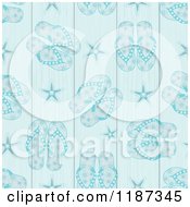 Poster, Art Print Of Blue Seamless Pattern Of Flip Flops Starfish And Wood Panels