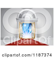 Clipart Of A Red Carpet Leading To An Ornate Doorway With Open Doors And Bright Lights Royalty Free Vector Illustration