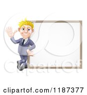 Friendly Blond Businessman Waving By A White Board