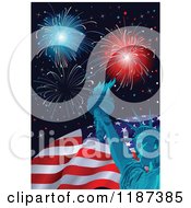 Poster, Art Print Of Fourth Of July Fireworks With The Statue Of Liberty And American Flag