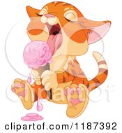 Cartoon Of A Cute Ginger Cat Licking A Strawberry Ice Cream Cone Royalty Free Vector Clipart by Pushkin