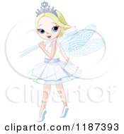 Happy Blond Tooth Fairy Girl Looking Over Her Shoulder And Toothbrush Wand