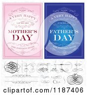Poster, Art Print Of Blue And Pink Happy Mothers And Fathers Day Invites With Swirls And Design Elements Over A Floral Pattern