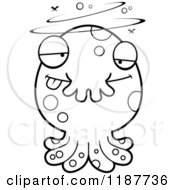 Cartoon Of A Black And White Drunk Tentacled Monster Royalty Free Vector Clipart