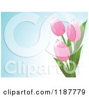 Clipart Of A Gradient Blue Background With Dots And Pink Spring Tulip Flowers Royalty Free Vector Illustration