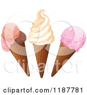 Cartoon Of A Vanilla Strawberry And Cosmopolitan Waffle Ice Cream Cones Royalty Free Vector Clipart by Pushkin
