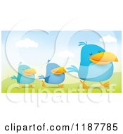 Poster, Art Print Of Blue Social Media Birds Walking In Line In A Hilly Landscape