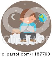 Poster, Art Print Of Businessman Using A Laptop Computer On A Cloud Over A Brown Moon And Star Circle With Earth