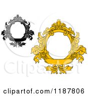 Clipart Of Vintage Black And Yellow Oval Frames With Floral Leaves And Banners Royalty Free Vector Illustration