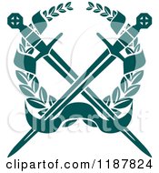 Poster, Art Print Of Heraldic Teal Laurel Wreath Crowssed Swords And Banner