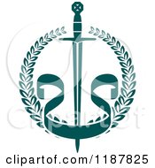 Poster, Art Print Of Heraldic Teal Laurel Wreath With A Sword And Banner