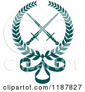 Clipart Of A Heraldic Teal Laurel Wreath With Crossed Swords And Bow Royalty Free Vector Illustration