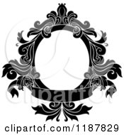 Clipart Of A Vintage Black Oval Frame With Floral Leaves And A Banner Royalty Free Vector Illustration