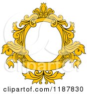 Clipart Of A Vintage Yellow Oval Frame With Floral Leaves And A Banner Royalty Free Vector Illustration