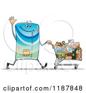 Poster, Art Print Of Waving Credit Card Mascot Pushing A Grocery Shopping Cart