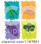 Cartoon Of Peas Onions Eggplants And Broccoli Over Colorful Stylized Squares Royalty Free Vector Clipart by Maria Bell