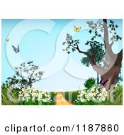 Poster, Art Print Of Path With Spring Flowers And Butterflies