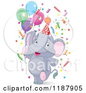 Poster, Art Print Of Cute Happy Party Elephant Walking Upright With Balloons And Confetti