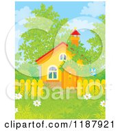 Poster, Art Print Of Butterfly Near A Cabin Or Church With Spring Foliage
