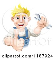 Cartoon Of A Happy Blond Worker Man Holding A Wrench And A Thumb Up Royalty Free Vector Clipart