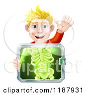 Happy Blond Man Holding An Xray Screen Over His Torso And Waving
