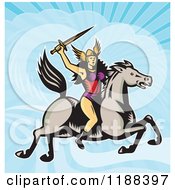 Retro Norse Valkyrie Warrior With A Spear On Horseback Against A Sky