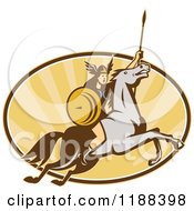 Retro Norse Valkyrie Warrior With A Spear On Horseback Over An Oval Of Rays 5