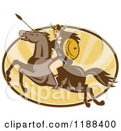 Poster, Art Print Of Retro Norse Valkyrie Warrior With A Spear On Horseback Over An Oval Of Rays 3