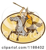 Retro Norse Valkyrie Warrior With A Spear On Horseback Over An Oval Of Rays 2