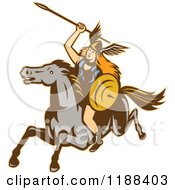 Poster, Art Print Of Retro Norse Valkyrie Warrior With A Spear On Horseback 2
