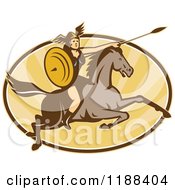 Retro Norse Valkyrie Warrior With A Spear On Horseback Over An Oval Of Rays 4