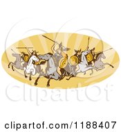 Poster, Art Print Of Retro Norse Valkyrie Warriors With Spears On Horseback In An Oval Of Rays