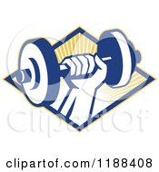 Poster, Art Print Of Retro Hand Lifting A Dumbbell Over A Diamond Of Sun Rays