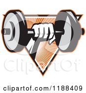 Clipart Of A Retro Hand Lifting A Dumbbell Over A Triangle Of Orange Rays Royalty Free Vector Illustration