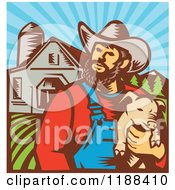 Retro Woodcut Male Pig Farmer Holding A Piglet Against A Farm