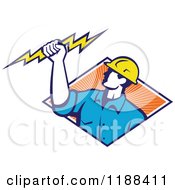 Poster, Art Print Of Retro Male Electrician Holdnig A Bolt Over A Diamond Of Orange Rays