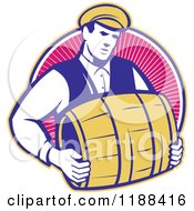 Poster, Art Print Of Retro Bartender Carrying A Beer Keg Barrel Over Rays