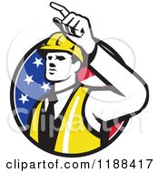 Retro Engineer Construction Worker Pointing Over An American Flag Circle