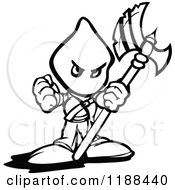 Black And White Tough Executioner Holding Up An Axe And Fist