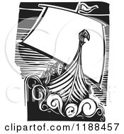 Poster, Art Print Of Black And White Viking Longship Boat At Sea Woodcut