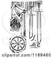 Clipart Of Black And White Viking Weapons Woodcut Royalty Free Vector Illustration by xunantunich