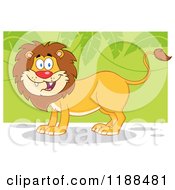 Poster, Art Print Of Happy Male Lion Smiling Over Green Leaves