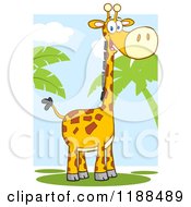 Cartoon Of A Cute Happy Giraffe Over Sky And Palm Trees Royalty Free Vector Clipart