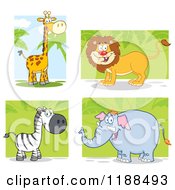 Poster, Art Print Of Happy Giraffe Lion Zebra And Elephant Over Foliage